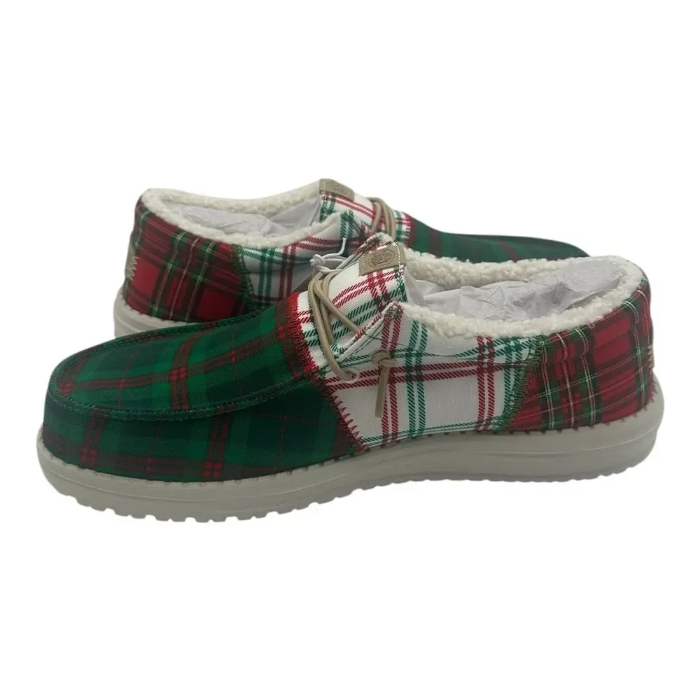 Hey Dude Wally Tri Tartan Plaid Loafer Mens 12 Green White Red Slip On Christmas